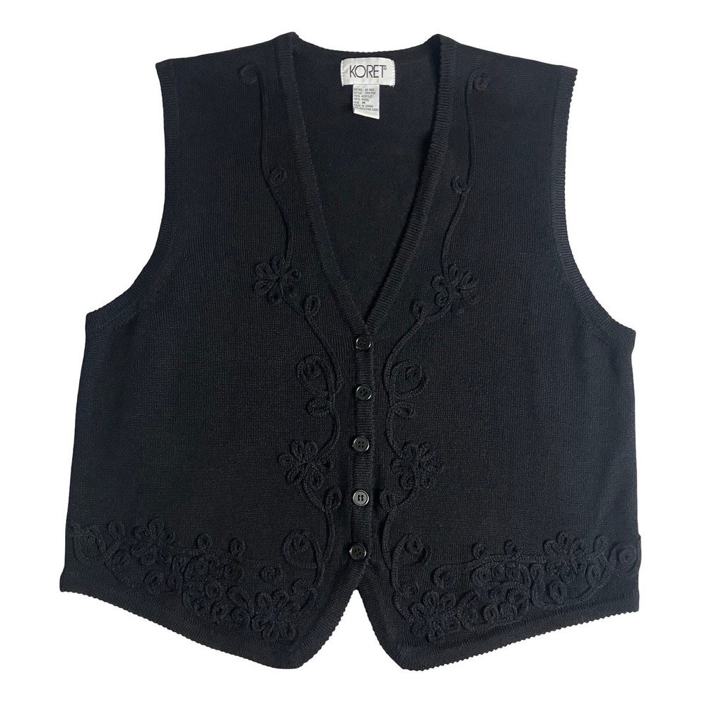 Vintage Koret Sweater Vest Womens Medium Black Floral Soutache Embroidered Knit
